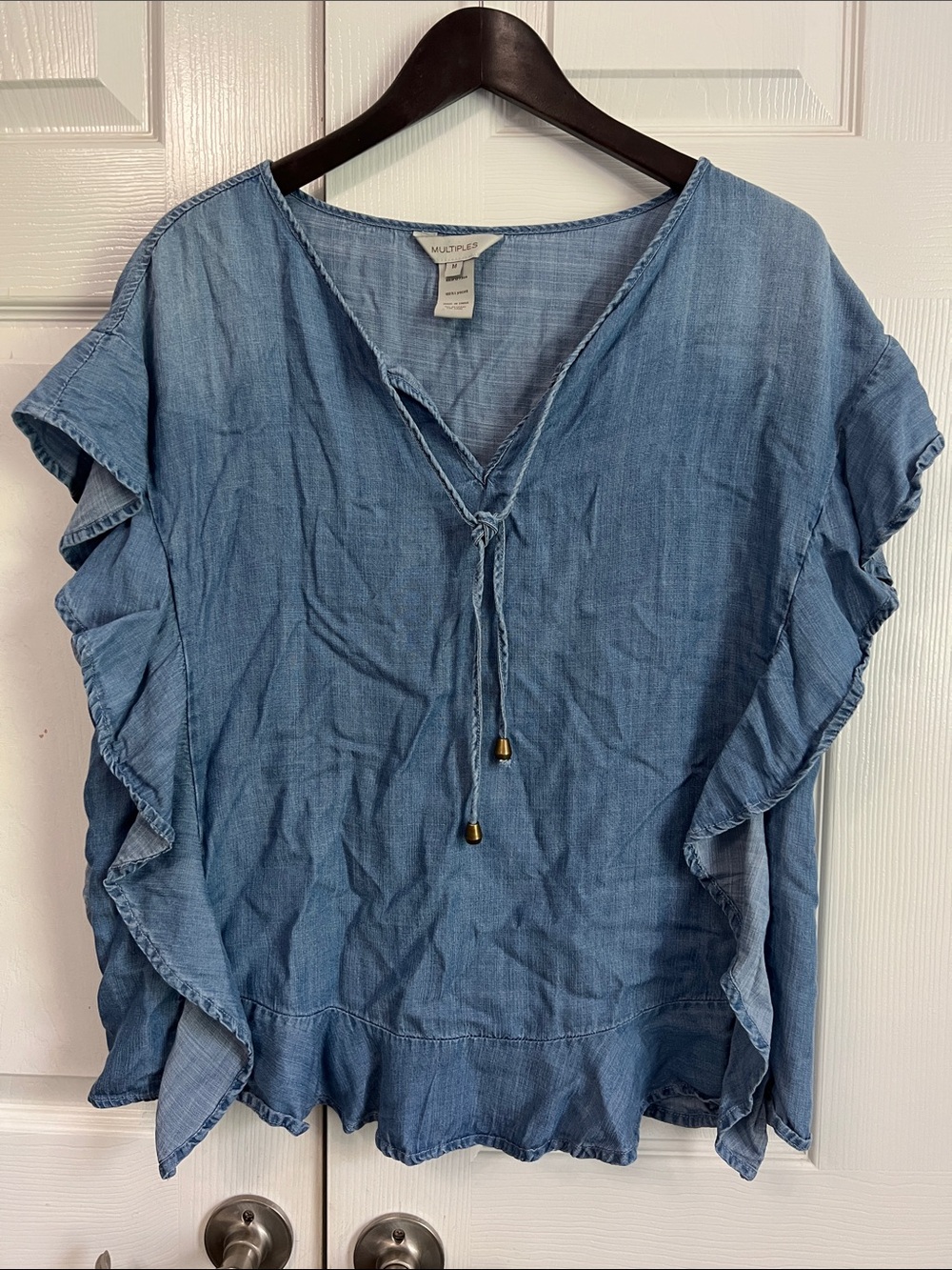 Multiples Blue Ruffle-Detail Tie-Front Chambray Tunic